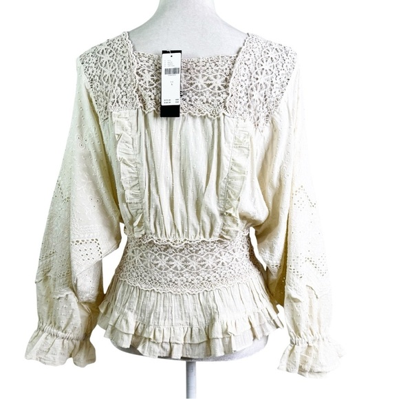 NWT Anthropologie Love Sam Boho Cotton Lace Peplum Full Sleeve Top Ecru Size S - Picture 4 of 16